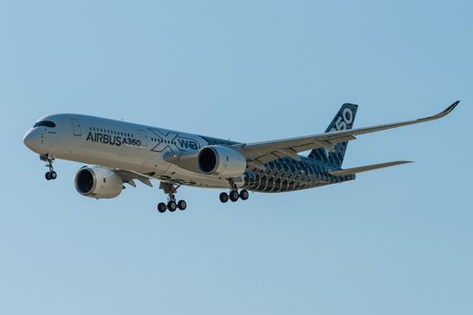 August 30, 2019. Zhukovsky, Russia. long-range wide-body twin-engine passenger aircraft Airbus A350-900 XWB Airbus Industrie at the International Aviation and Space Salon MAKS 2019.