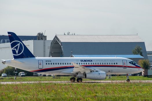 August 30, 2019. Zhukovsky, Russia. Russian short-range narrow-body passenger aircraft  Sukhoi Superjet 100 at the International Aviation and Space Salon MAKS 2019.
