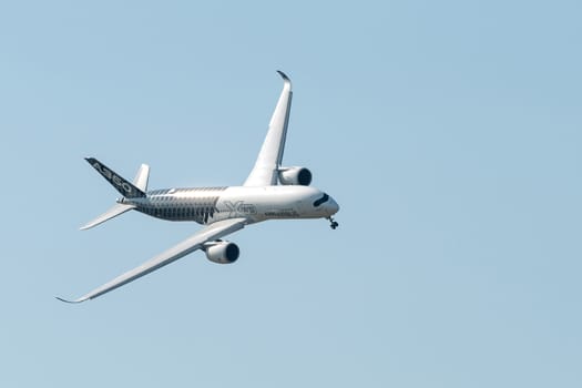 August 30, 2019. Zhukovsky, Russia. long-range wide-body twin-engine passenger aircraft Airbus A350-900 XWB Airbus Industrie at the International Aviation and Space Salon MAKS 2019.