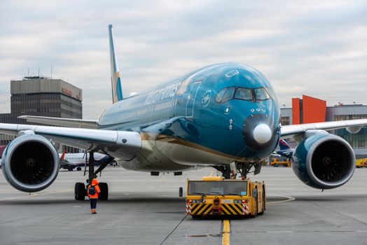 October 29, 2019, Moscow, Russia. Plane 
Airbus A350-900 Vietnam Airlines at Sheremetyevo airport in Moscow.