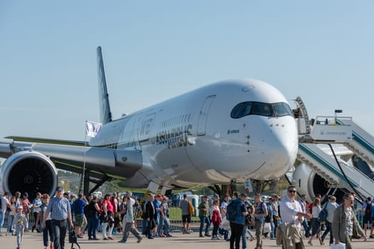 August 30, 2019. Zhukovsky, Russia. long-range wide-body twin-engine passenger aircraft Airbus A350-900 XWB Airbus Industrie at the International Aviation and Space Salon MAKS 2019.