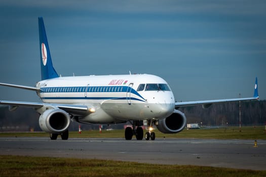 October 29, 2019, Moscow, Russia. Plane 
Embraer ERJ-195 Belavia Airlines at Sheremetyevo airport in Moscow.