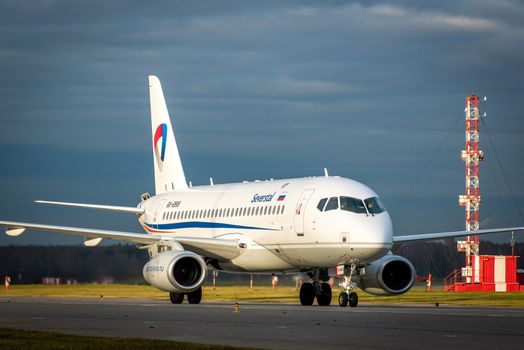 October 29, 2019, Moscow, Russia. Plane 
Sukhoi Superjet 100 Severstal Airlines at Sheremetyevo airport in Moscow.