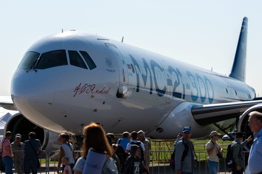 August 30, 2019. Zhukovsky, Russia. Promising Russian medium-range narrow-body passenger aircraft Irkut MC-21 at the International Aviation and Space Salon MAKS 2019.