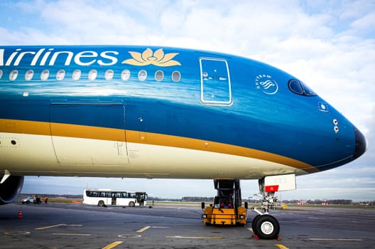 October 29, 2019, Moscow, Russia. Plane 
Airbus A350-900 Vietnam Airlines at Sheremetyevo airport in Moscow.
