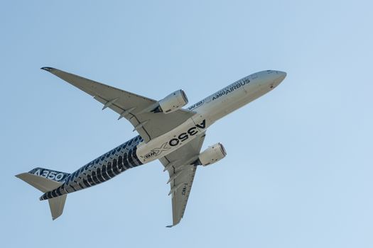 August 30, 2019. Zhukovsky, Russia. long-range wide-body twin-engine passenger aircraft Airbus A350-900 XWB Airbus Industrie at the International Aviation and Space Salon MAKS 2019.