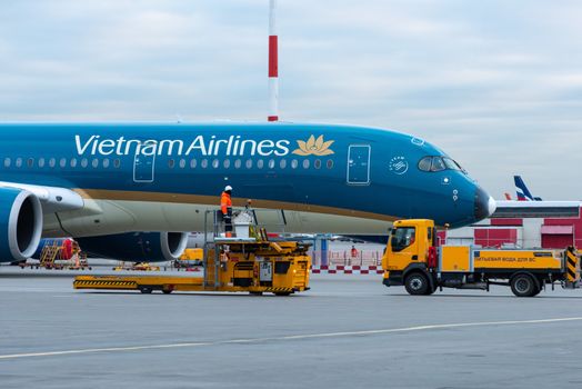 October 29, 2019, Moscow, Russia. Plane 
Airbus A350-900 Vietnam Airlines at Sheremetyevo airport in Moscow.