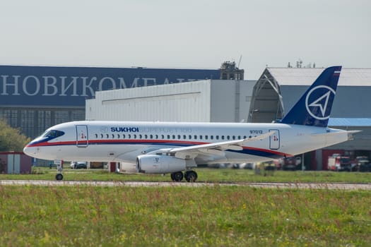 August 30, 2019. Zhukovsky, Russia. Russian short-range narrow-body passenger aircraft  Sukhoi Superjet 100 at the International Aviation and Space Salon MAKS 2019.