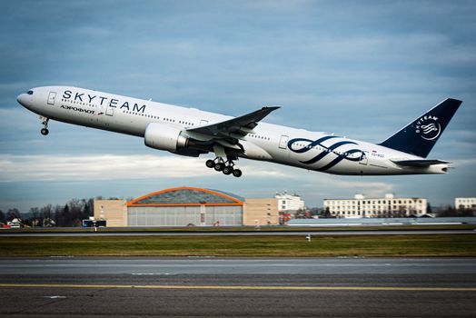 October 29, 2019, Moscow, Russia. Plane 
Boeing 777-300 Aeroflot - Russian Airlines in livery of the international aviation alliance SkyTeam at Sheremetyevo airport in Moscow.