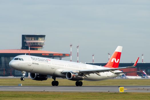 October 29, 2019, Moscow, Russia. Plane 
Airbus A321-200 Nordwind Airlines at Sheremetyevo airport in Moscow.