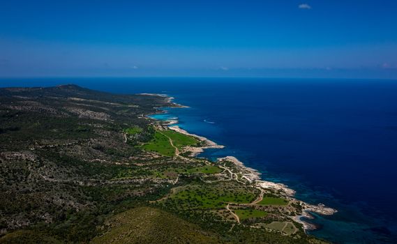 Green mountainous coast of the Mediterranean Sea on the Akamas Peninsula in the northwest of the island of Cyprus.