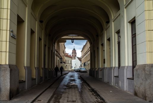 April 26, 2018 Vilnius, Lithuania. Passers-by on one of the streets in the center of Vilnius.