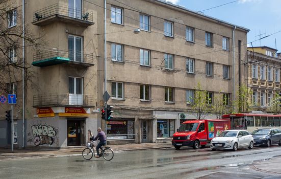 April 27, 2018 Vilnius, Lithuania. Bicycles on one of the streets in Vilnius.