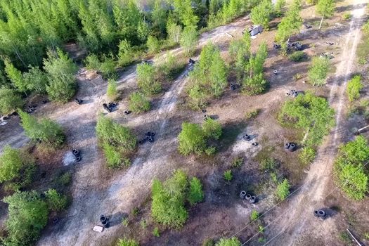 Car tires of wheels lie in the forest. View from above.