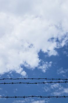 Barbed wire fence with blue sky and clouds in the background.