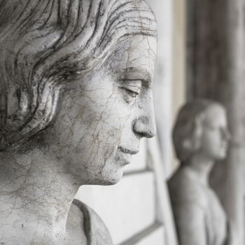 Profile of young smiling woman. In the background another statue of a woman and the hall of the museum. Shallow depth of field.