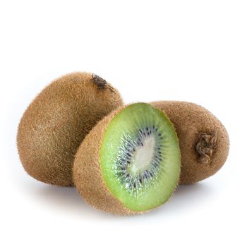 Group consists of three kiwi, one of which cut in half, on white.