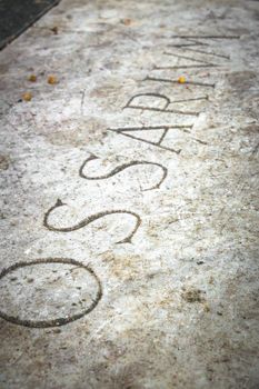 Burial urn with the engraving in Latin "Ossarium" (translation from Latin Ossario). Shallow depth of field.