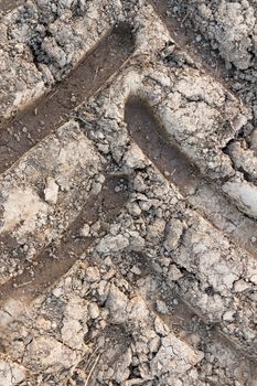 A tire track etched in scorched earth.