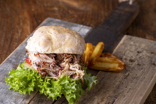 pulled pork in a bun with fries