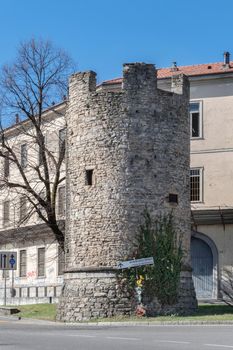 The Galgario Tower is a circular tower of military origin, which was part of the "Muraine", ancient walls now disappeared and is located in the lower city of Bergamo in the homonymous Largo del Galgario. Bergamo, ITALY - March 12, 2019.