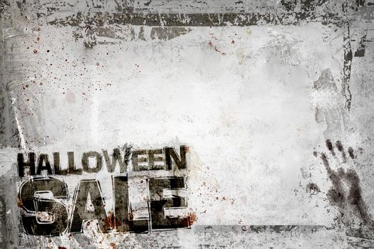 Halloween sale background with grungy frame, bloody handprints, remains of scotch tape and cellophane. Fully editable. It can be used as a party invitation, food menu, poster, wallpaper, design t-shirts and more.