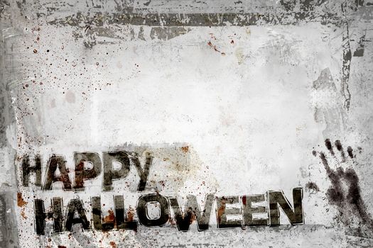 Happy Halloween background with grungy frame, bloody handprints, remains of scotch tape and cellophane. Fully editable. It can be used as a party invitation, food menu, poster, wallpaper, design t-shirts and more.