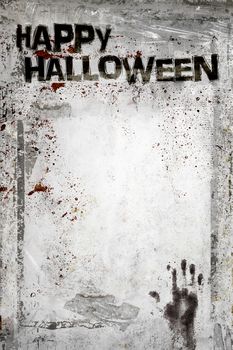Happy Halloween background with grungy frame, bloody handprints, remains of scotch tape and cellophane. Fully editable. It can be used as a party invitation, food menu, poster, wallpaper, design t-shirts and more.