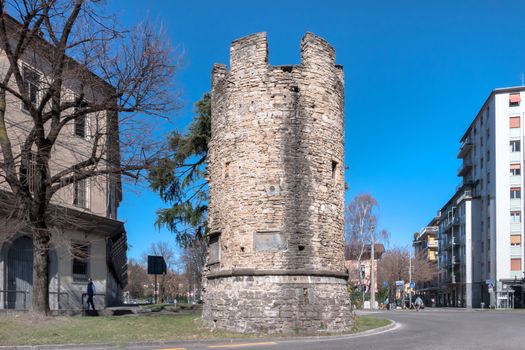 The Galgario Tower is a circular tower of military origin, which was part of the "Muraine", ancient walls now disappeared and is located in the lower city of Bergamo in the homonymous Largo del Galgario. Bergamo, ITALY - March 12, 2019.