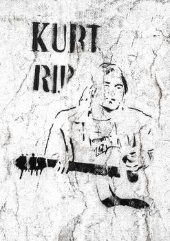 Kurt Cobain character. Graffiti / stencil on grungy wall. Bergamo, ITALY - May 20, 2019.