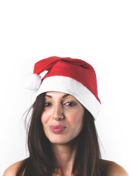 Cut woman with hat of Santa Claus on her head. Copy space.