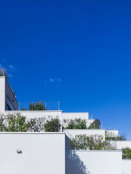 Apartment building with modern architecture and large balconies with green plants. Behind a background of blue sky.