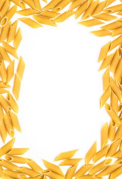 Frame of Penne pasta on white background. Template for design. Mockup restaurant menu. Copy space.