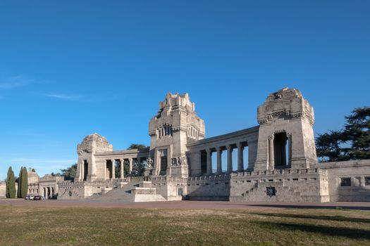 The monumental cemetery of Bergamo is the main cemetery of the city of Bergamo. It was designed by Ernesto Pirovano and Ernesto Bazzaro and built between 1896 and 1913 in an eclectic style in the Borgo Palazzo district. Bergamo, ITALY - February 21, 2020.