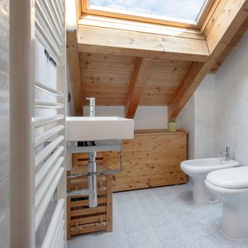 Practical and cozy bathroom with towel radiator, toilet, cabinet and sink. Roof with exposed wooden beams and sky window.