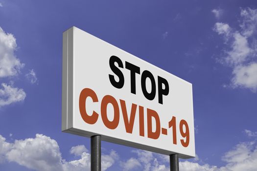 Message "Stop Coronavirus" on big ad panel. COVID-19 alert banner on amazing sky and clouds around it. COVID-19 outbreak. 2019 Coronavirus concept, for an outbreak occurs in Wuhan - China.