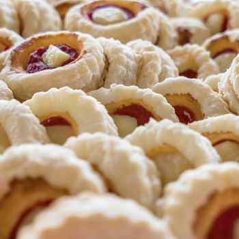 Mini pizzas. Fresh homemade mini pizzas. Party. Close-up.