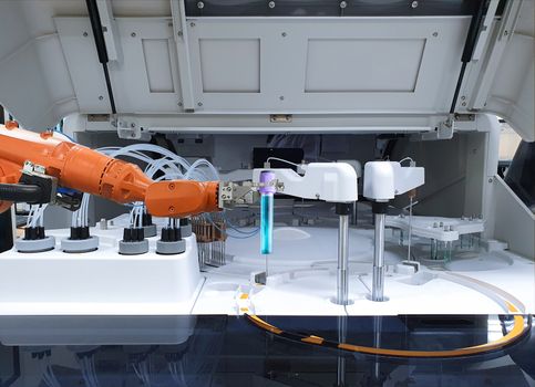 Robots in the medical lab, Mechanical arm holding test tube
