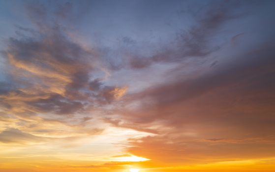 Abstract amazing Scene of stuning Colorful sunset with clouds background in nature and travel concept, wide angle shot Panorama shot