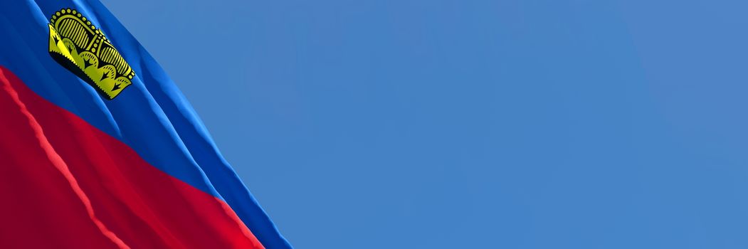 3D rendering of the national flag of Liechtenstein waving in the wind against a blue sky