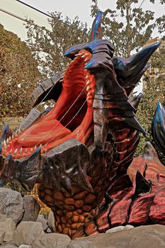 Osaka, Japan - Feb 06,2016 - Display of  Glavenus from Monster Hunter Generations.Glavenus's Japanese name (Dinovaldo) is a reference to Dinosaur, Nova, and Halberd,Glavenus are Brute Wyverns first introduced in Monster Hunter Generations.