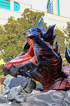 Osaka, Japan - Feb 06,2016 - Display of  Glavenus from Monster Hunter Generations.Glavenus's Japanese name (Dinovaldo) is a reference to Dinosaur, Nova, and Halberd,Glavenus are Brute Wyverns first introduced in Monster Hunter Generations.