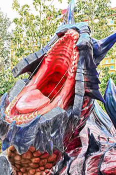 Osaka, Japan - Feb 06,2016 - Display of  Glavenus from Monster Hunter Generations.Glavenus's Japanese name (Dinovaldo) is a reference to Dinosaur, Nova, and Halberd,Glavenus are Brute Wyverns first introduced in Monster Hunter Generations.