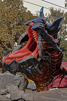 Osaka, Japan - Feb 06,2016 - Display of  Glavenus from Monster Hunter Generations.Glavenus's Japanese name (Dinovaldo) is a reference to Dinosaur, Nova, and Halberd,Glavenus are Brute Wyverns first introduced in Monster Hunter Generations.