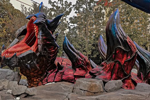 Osaka, Japan - Feb 06,2016 - Display of  Glavenus from Monster Hunter Generations.Glavenus's Japanese name (Dinovaldo) is a reference to Dinosaur, Nova, and Halberd,Glavenus are Brute Wyverns first introduced in Monster Hunter Generations.