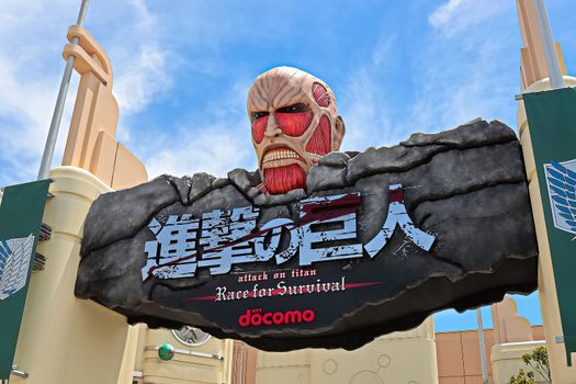 OSAKA, JAPAN - Jun,17 2020 : Attack on Titan/Race for Survival XR Ride sign at Universal Studios Japan in Osaka, Japan Seasonal Limited attraction.