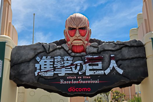 OSAKA, JAPAN - Jun,17 2020 : Attack on Titan/Race for Survival XR Ride sign at Universal Studios Japan in Osaka, Japan Seasonal Limited attraction.