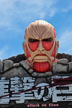 OSAKA, JAPAN - Jun,17 2020 : Attack on Titan/Race for Survival XR Ride sign at Universal Studios Japan in Osaka, Japan Seasonal Limited attraction.