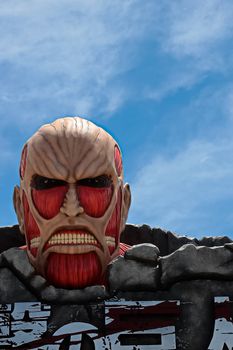 OSAKA, JAPAN - Jun,17 2020 : Attack on Titan/Race for Survival XR Ride sign at Universal Studios Japan in Osaka, Japan Seasonal Limited attraction.