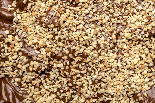 Homemade chocolate cream background with grain hazelnut. Close-up. Flat lay.